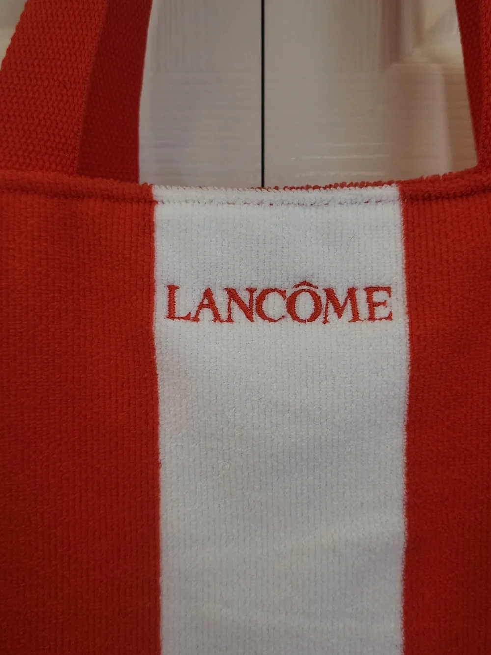 Lancome Orange/Red White Striped Terrycloth Towel Beach Swim Tote Bag